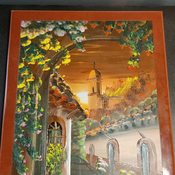 Vibrant Courtyard Sunset Landscape Painted Tile - Picture 2 of 6